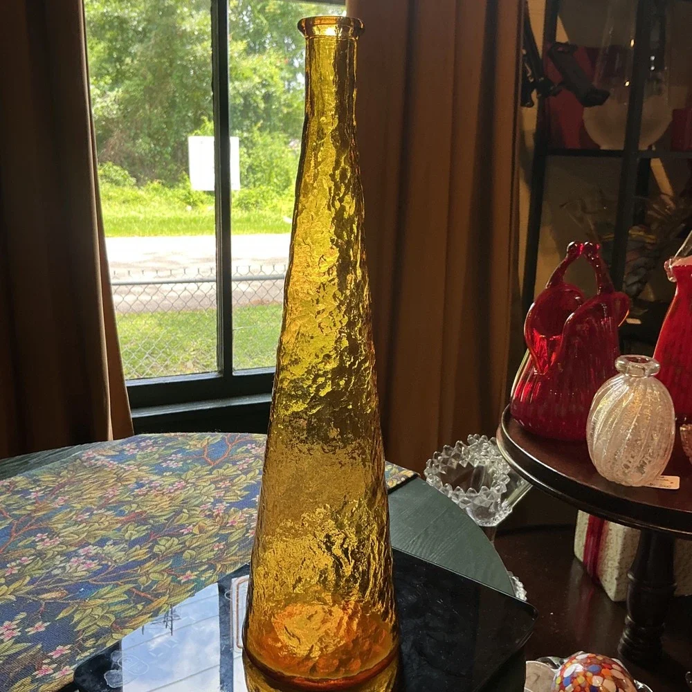 Empoli Italian Amber Glass Crinkle Bark Textured Genie Bottle Vase 16.5 Inch MCM